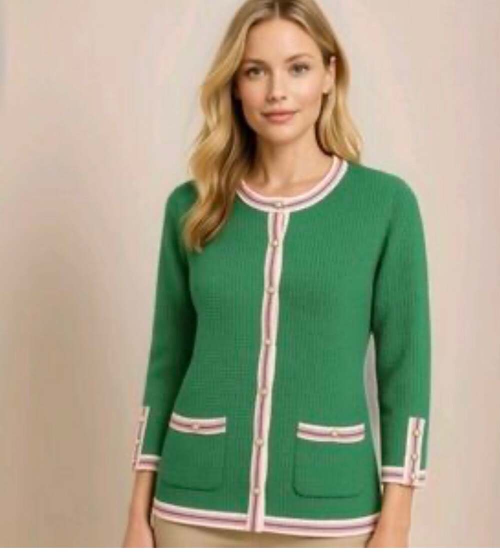 Talbots Tipped Cardigan Tennis Sweater Grass Green Pink